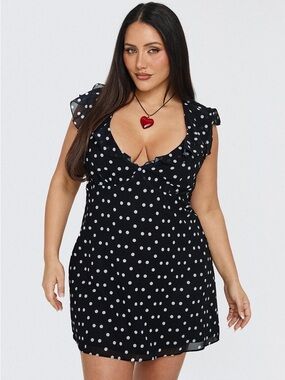 Princess Polly Black Polka Dot Ruffle Neck Sleeveless Dress 14
